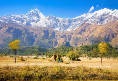 Potters carrying firewood in the Kali Gandaki valley. A photo taken during Dhaulagiri circuit trek