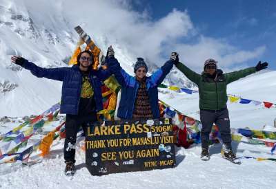 Happy tourist at larke pass Manaslu circuit trek