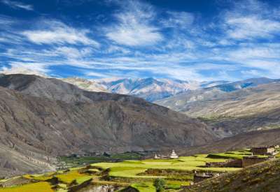 Saldang village over fields in Upper Dolpo, Nepal