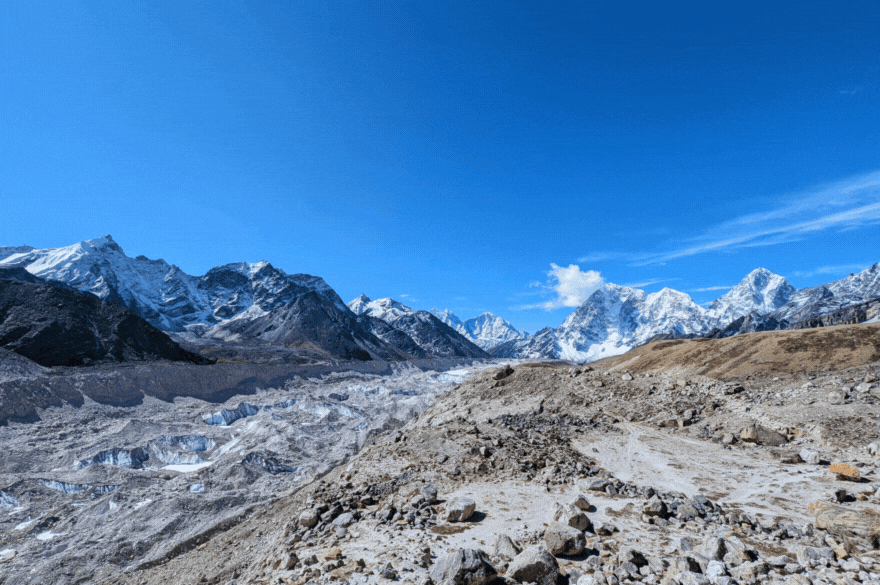 Kala Patthar view of Khumbu Glacier and Himalayan peaks in Nepal