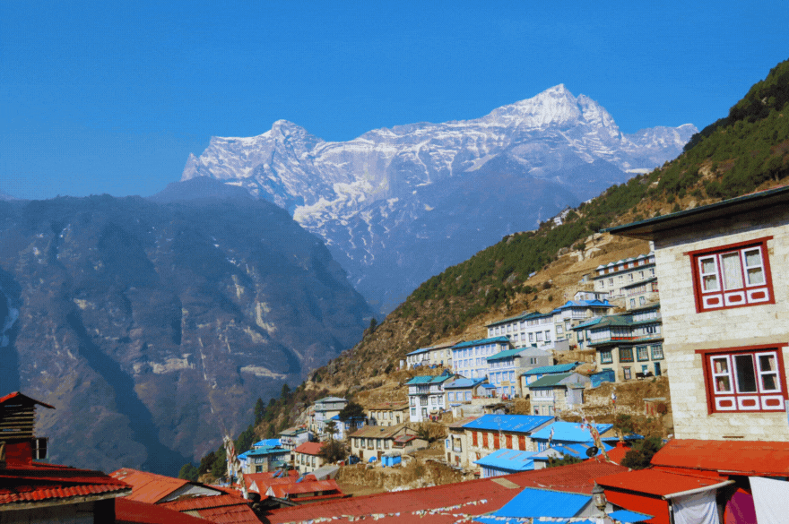 Namche Bazaar village with Himalayan backdrop on Everest Base Camp trek