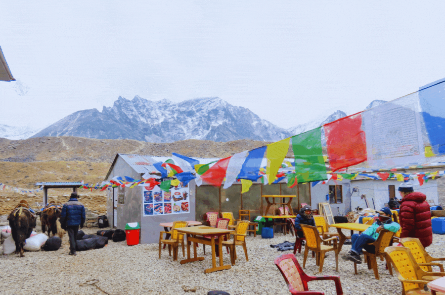 Sherpa culture with prayer flags on Everest Base Camp trek in Khumbu region